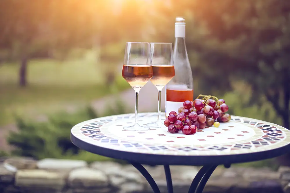 Two glasses and bottle of rose wine in autumn vineyard on marble